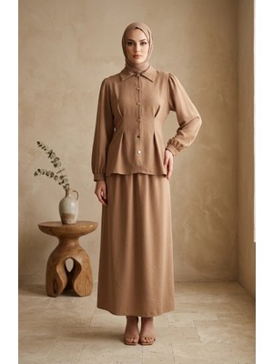 Sefa Merve Keten Düğmeli Tunik Etek Ikili Takım 0277-03 Sütlü Kahve