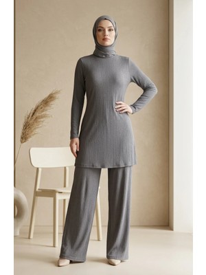Sefa Merve Bürümcük Kumaş Uzun Tunik 0508-02 Gri