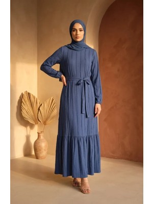 Sefa Merve Büzgülü Kuşaklı Elbise 0551-01 Indigo