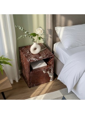 Adomar Marble Vişne Mermer Komidin, Yan Sehpa, Çekmeceli Komidin, Rosso Levanto