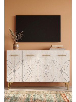 Yumedi Design KA1234BT - Ömeria Konsol, Tv Sehpası, Çok Amaçlı Dolap ve Kahve Köşesi 120CM Beyaz-Traverten