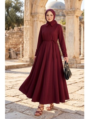 Modestim Kadın Bordo Gömlek Yaka Ön Gizli Fermuar Detaylı Mevlana Etek Parçalı Tesettür Elbise