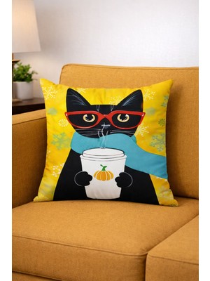 Fuly Consept Siyah Kedi Desenli Sarı Renk Çift Taraflı Yastık Kırlent Kılıfı FCKRL1115