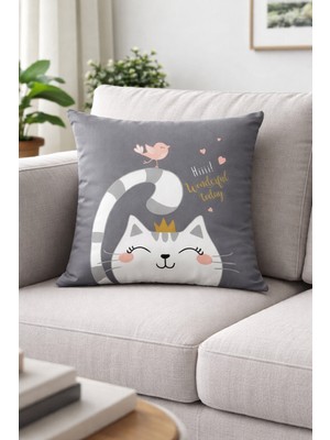 Fuly Consept Gri Renk Kedi ve Kuş Desenli Çift Taraflı Kırlent Kılıfı FCKRL440
