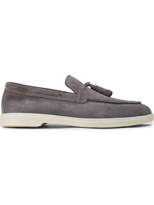 Deery Erkek Hakiki Süet Gri Püsküllü Loafer - 02027MGRIC01