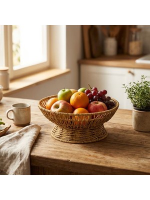 Hereveoyuncak 25 cm Plastik Rattan Servis Çanağı – Doğal Hasır Görünümlü Dekoratiff Meyve, Ekmek ve Sunum Kasesi