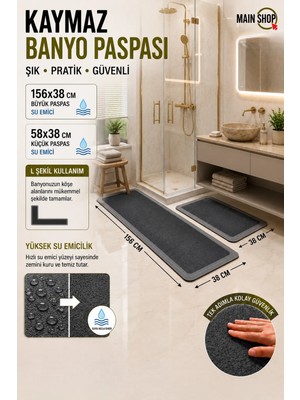 Şık Tasarım Su Emici Banyo Mutfak Kaymaz Tabanlı Paspas 156X38 cm Takım 38X58 cm Yazısız Model M-61