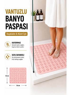 2 Adet Silikon Kaydırmaz Taban Masajlı Duşa Kabin ve Banyo Paspası- Küvet Içi Paspas Pembe M-150