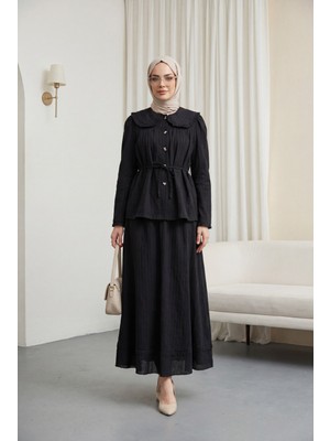 Moda Morfo Bebe Yaka Bağcıklı Düğmeli Etekli Astarlı Keten Takım  -Siyah