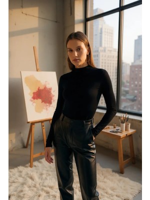 Cm Store Kadın Siyah Parmak Detaylı Esnek Uzun Kollu Body