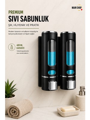 MAİN SHOP 2 Adet Siyah  400 ml Duvara Monte Manuel Sabunluk Banyo , Mutfak El Sıvı Şampuan Duş Jeli Dispenseri