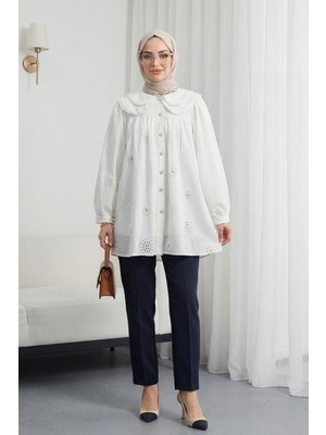 Moda Morfo Bebe Yaka Dantelli İnci Ve Taş Detaylı Astarlı Keten Gömlek -Beyaz