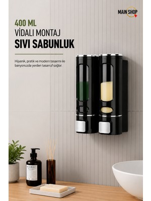 MAİN SHOP 2 Adet Siyah Sıvı Sabunluk Plastik 400 ml Duş Jeli Şampuan Şişesi Oteller, Hastane, Banyo, Mutfak
