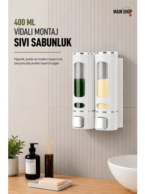 MAİN SHOP 2 Adet Beyaz 400 ml Duvara Monte Manuel Sabunluk Banyo , Mutfak El Sıvı Şampuan Duş Jeli Dispenseri M-52
