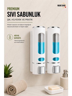 MAİN SHOP 2 Adet Beyaz Renk 400 ML Duvara Monte Manuel Sabunluk Sıvı Lavabo Sabunluk El Sabunu M-52