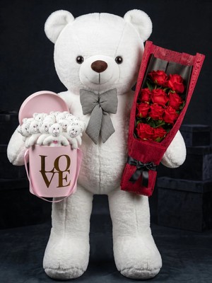 Lenostra 90cm Büyük Beyaz Peluş Ayı 15'li Mini Ayıcık Pembe Love Kutusu & Kırmızı Gül Buketi Sevgiliye Doğum Günü Konsept Hediye Seti