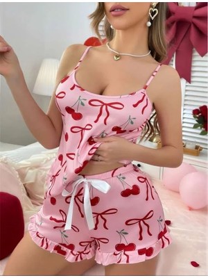 Hobilinka  Pembe Üstüne Kiraz Desenli Askılı Şortlu Pijama Takımı