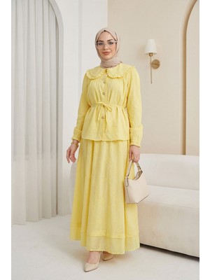Moda Morfo Bebe Yaka Bağcıklı Düğmeli Etekli Astarlı Keten Takım  -Sarı