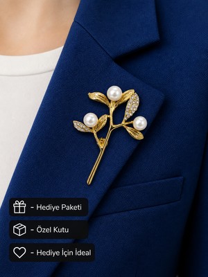 Herşey Nota Hediye Inci Detaylı Gold Kadın Broş Zirkon Taşlı Yaprak Tasarım Rozet