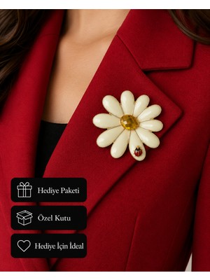 Herşey Nota Hediye Papatya Tasarım Uğur Böcekli Kadın Broş Rozet Aksesuar