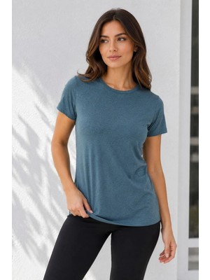 Alfanora Kadın Basic Tişört Bisiklet Yaka Kısa Kol Günlük Yazlık Slim Fit T-Shirt - Füme