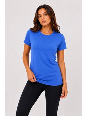Alfanora Kadın Basic Tişört Bisiklet Yaka Kısa Kol Günlük Yazlık Slim Fit T-Shirt - Mavi
