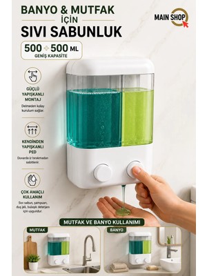 MAİN SHOP 1 Adet Yapışkanlı Duvara Monte Banyo Manuel Sıvı Sabunluk Çift Bölmeli 1000 ml Doldurulabilir M-55
