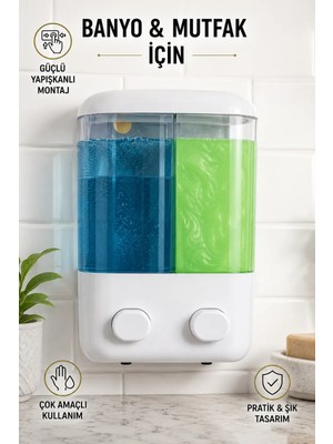 MAİN SHOP 1 Adet 2 Bölmeli Duşakabin Delme Gerektirmez Şeffaf Hazneli Basmalı Kullanım Sabunluk 1000 ml M-55