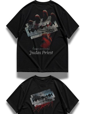 Fuddy Moda Unisex Today In History Judas Priest Sırt Baskılı Tişört, Oversize Rock Metal Band Temalı Tshirt