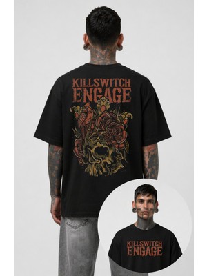 Fuddy Moda Unisex Killswitch Engage Bird And Rose Sırt Baskılı Tişört, Oversize Rock Band Temalı Tshirt