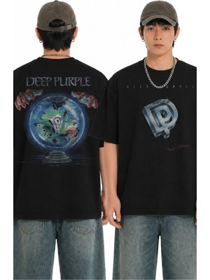 Fuddy Moda Unisex Deep Purple Sırt Baskılı Bisiklet Yaka Tişört, Oversize Rock Band Temalı T-Shirt