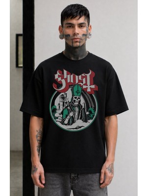 Fuddy Moda Unisex Ghost Baskılı Bisiklet Yaka Tişört, Oversize Rock Metal Band Temalı Tshirt