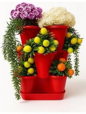 Dekoratif 3 Katlı Saksı Seti, 26.5 x 26.5 cm Ölçülerinde, Kırmızı Renk