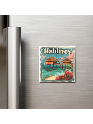 İberk Maldivler Maldives - Posta Pulu Temalı Ülke - Baskılı Buzdolap Magneti Kare - 9x9 cm