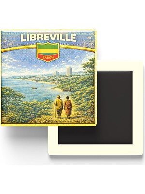 İberk Retro Gabon Libreville Şehri Temalı Vintage Buzdolap Magneti – 9x9 cm