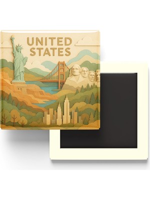 İberk Amerika Birleşik Devletleri - Paper Cut Art - Baskılı Buzdolap Magneti Kare - 9x9 cm