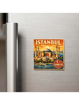 İberk Istanbul Şehri (Türk Bayraklı) - Pop-Art Travel - 9x9 cm Buzdolap Magneti