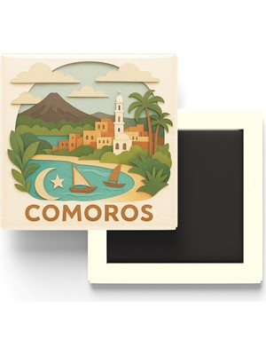 İberk Komorlar - Comoros - Paper Cut Art - Baskılı Buzdolap Magneti Kare - 9x9 cm