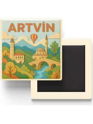İberk Artvin - Memleket Temalı - Paper Cut Art - Baskılı Buzdolap Magneti Kare - 9x9 cm