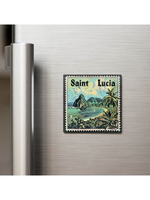 İberk Saint Lucia Saint Lucia - Posta Pulu Temalı Ülke - Baskılı Buzdolap Magneti Kare - 9x9 cm