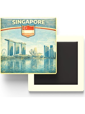 İberk Retro Singapur Singapur Şehri Temalı Vintage Buzdolap Magneti – 9x9 cm
