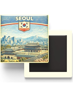 İberk Retro Güney Kore Seul Şehri Temalı Vintage Buzdolap Magneti – 9x9 cm