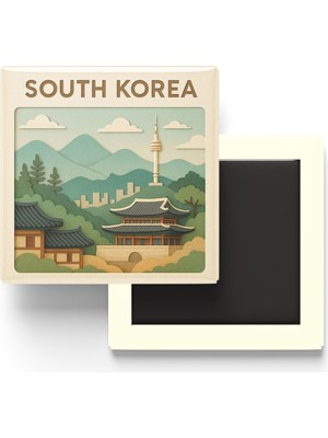 İberk Güney Kore - South Korea - Paper Cut Art - Baskılı Buzdolap Magneti Kare - 9x9 cm