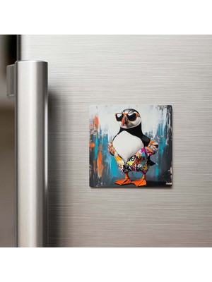 İberk Puffin - Puffin - Güneş Gözlüklü Style - Buzdolap Magneti - 9x9 cm