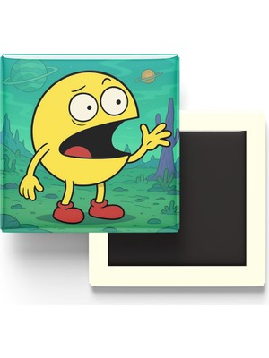 İberk Pac-Man - 9x9 cm Baskılı Kare Buzdolap Magneti (Rozetli)