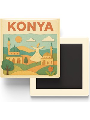 İberk Konya - Memleket Temalı - Paper Cut Art - Baskılı Buzdolap Magneti Kare - 9x9 cm