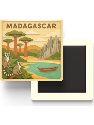 İberk Madagaskar - Madagascar - Paper Cut Art - Baskılı Buzdolap Magneti Kare - 9x9 cm