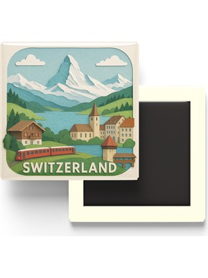 İberk Isviçre - Switzerland - Paper Cut Art - Baskılı Buzdolap Magneti Kare - 9x9 cm