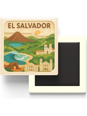 İberk El Salvador - El Salvador - Paper Cut Art - Baskılı Buzdolap Magneti Kare - 9x9 cm