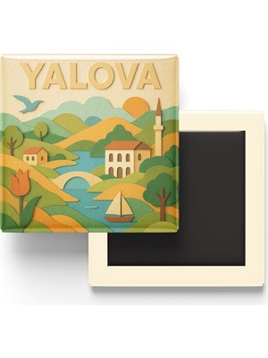 İberk Yalova - Memleket Temalı - Paper Cut Art - Baskılı Buzdolap Magneti Kare - 9x9 cm